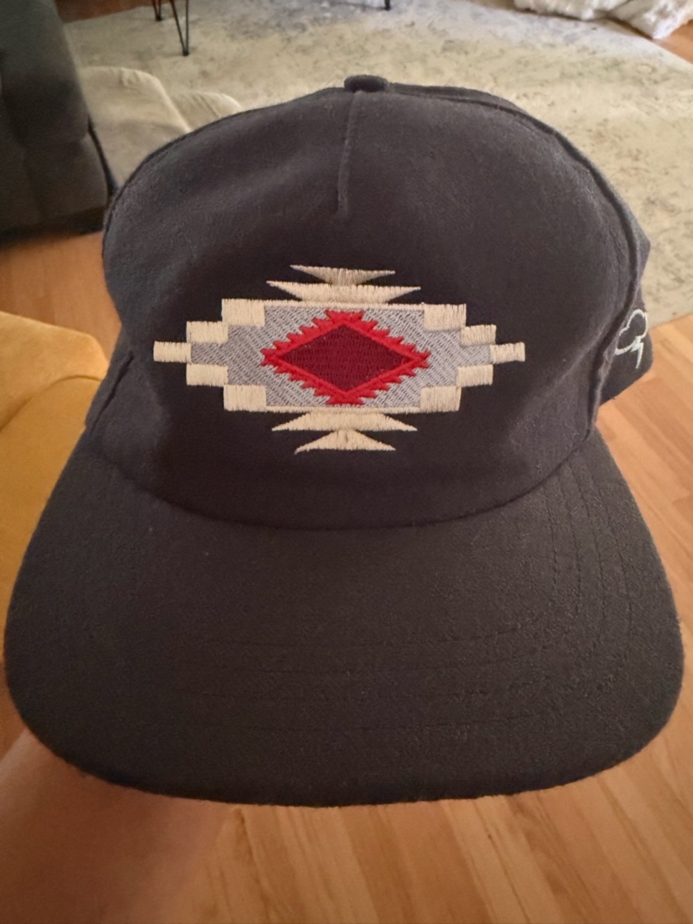 Southwestern Embroidered Navy Cap with Red Diamond Motif